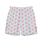 A pair of men's Bitcoin swim shorts featuring a repeating pattern of red lobster icons over a white and navy blue pinstripe background, shown flat against a white studio background.