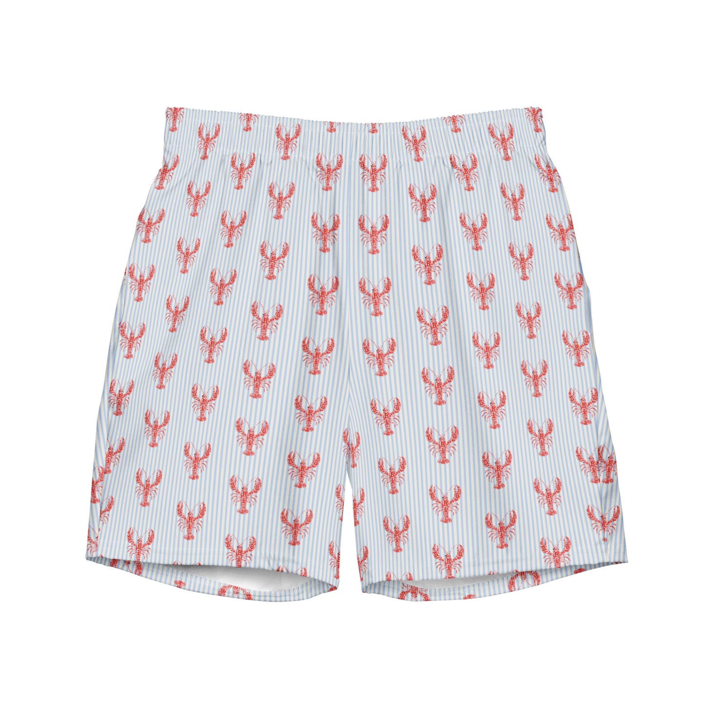A pair of men's Bitcoin swim shorts featuring a repeating pattern of red lobster icons over a white and navy blue pinstripe background, shown flat against a white studio background.