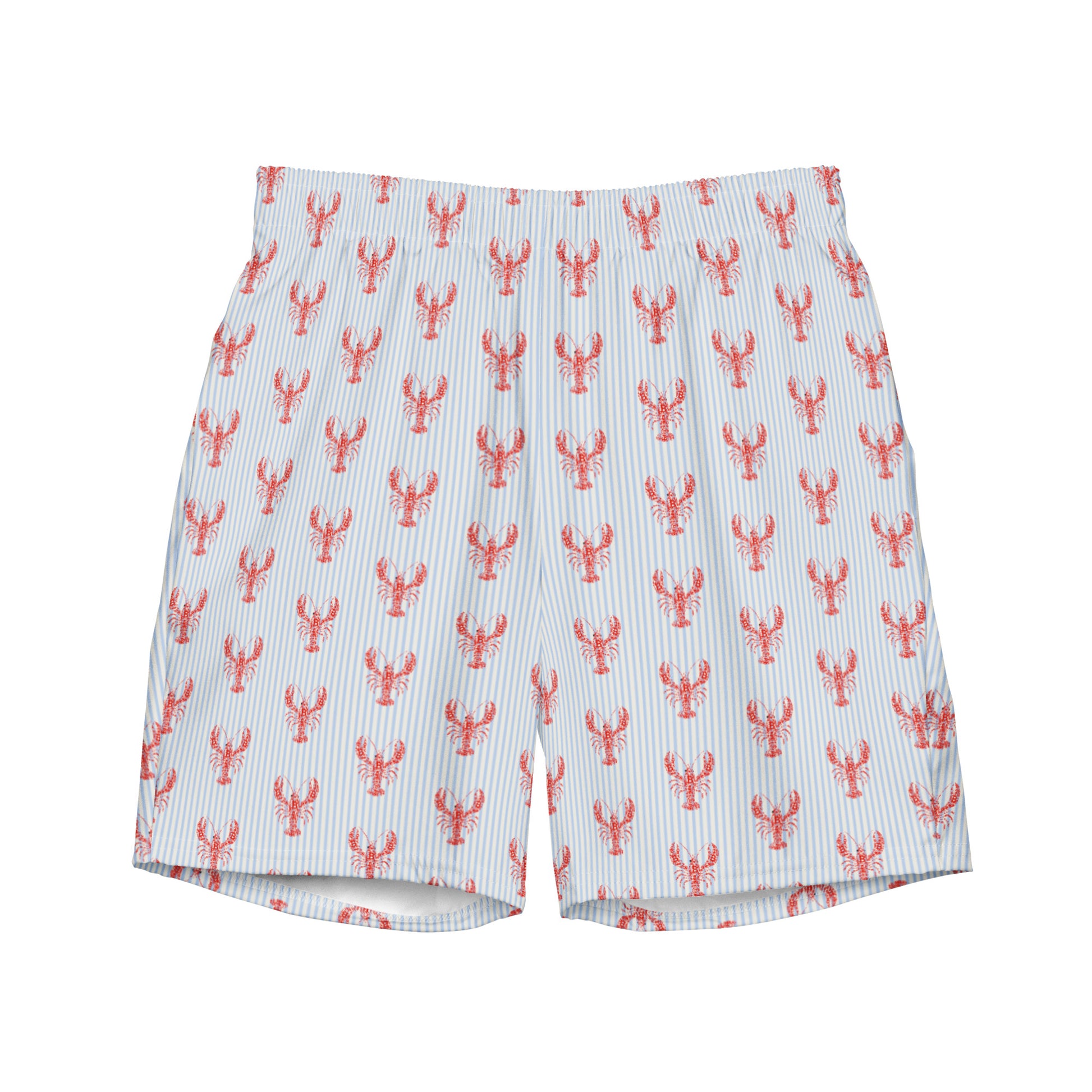 A pair of men's Bitcoin swim shorts featuring a repeating pattern of red lobster icons over a white and navy blue pinstripe background, shown flat against a white studio background.