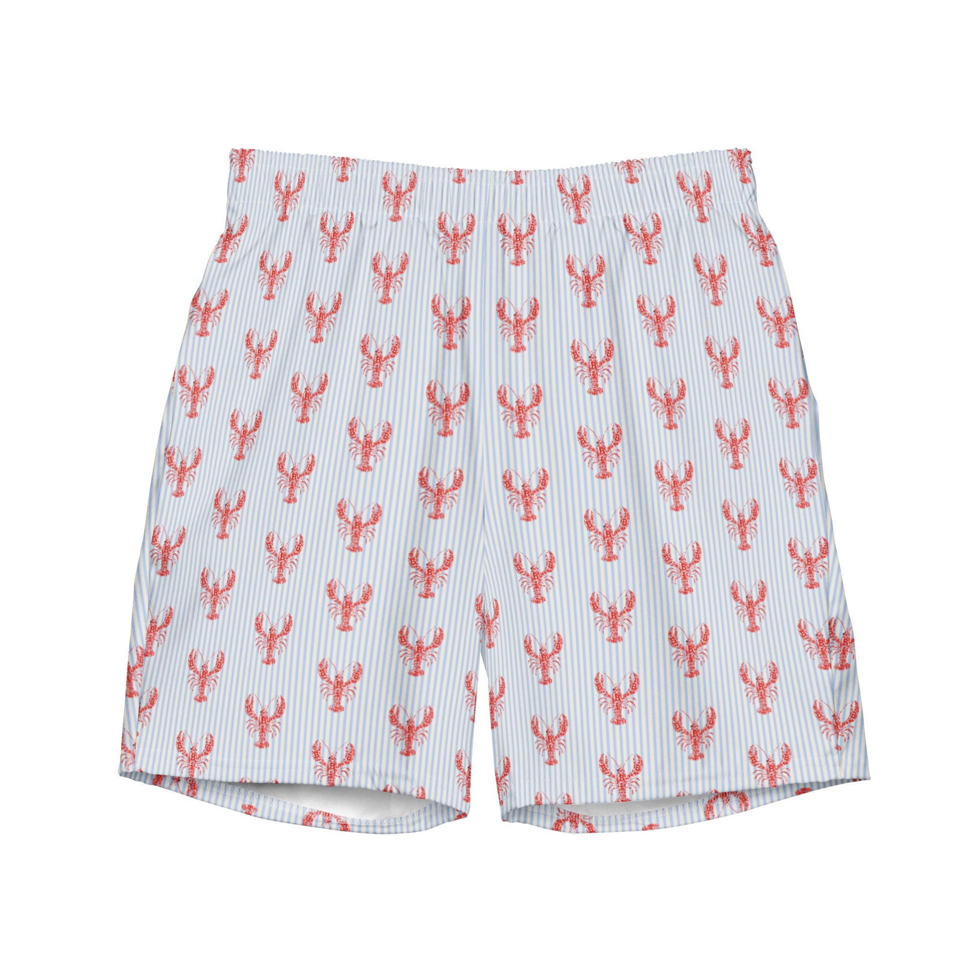 A pair of men's Bitcoin swim shorts featuring a repeating pattern of red lobster icons over a white and navy blue pinstripe background, shown flat against a white studio background.