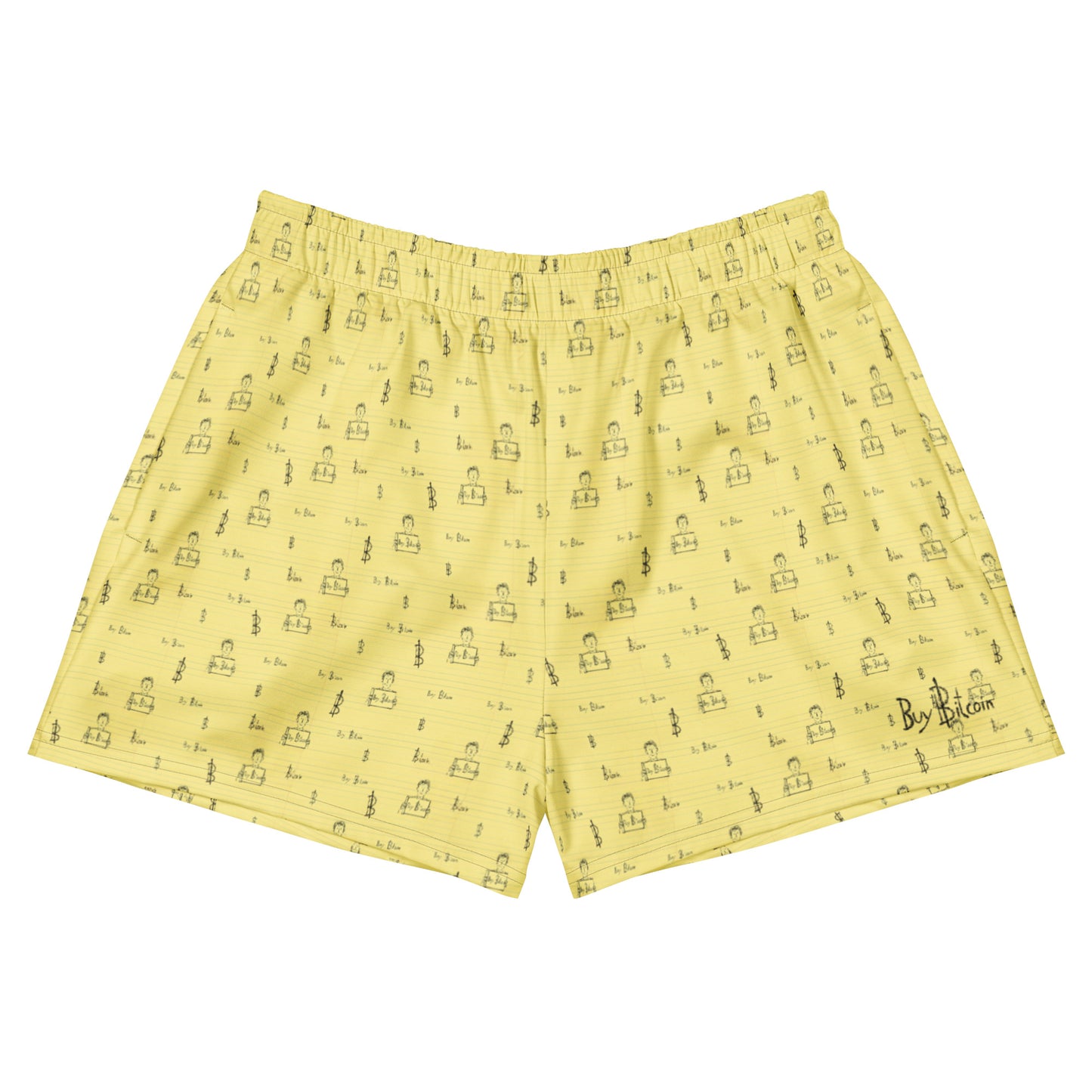 Yellow Bitcoin boxer shorts with a pattern on a white background
