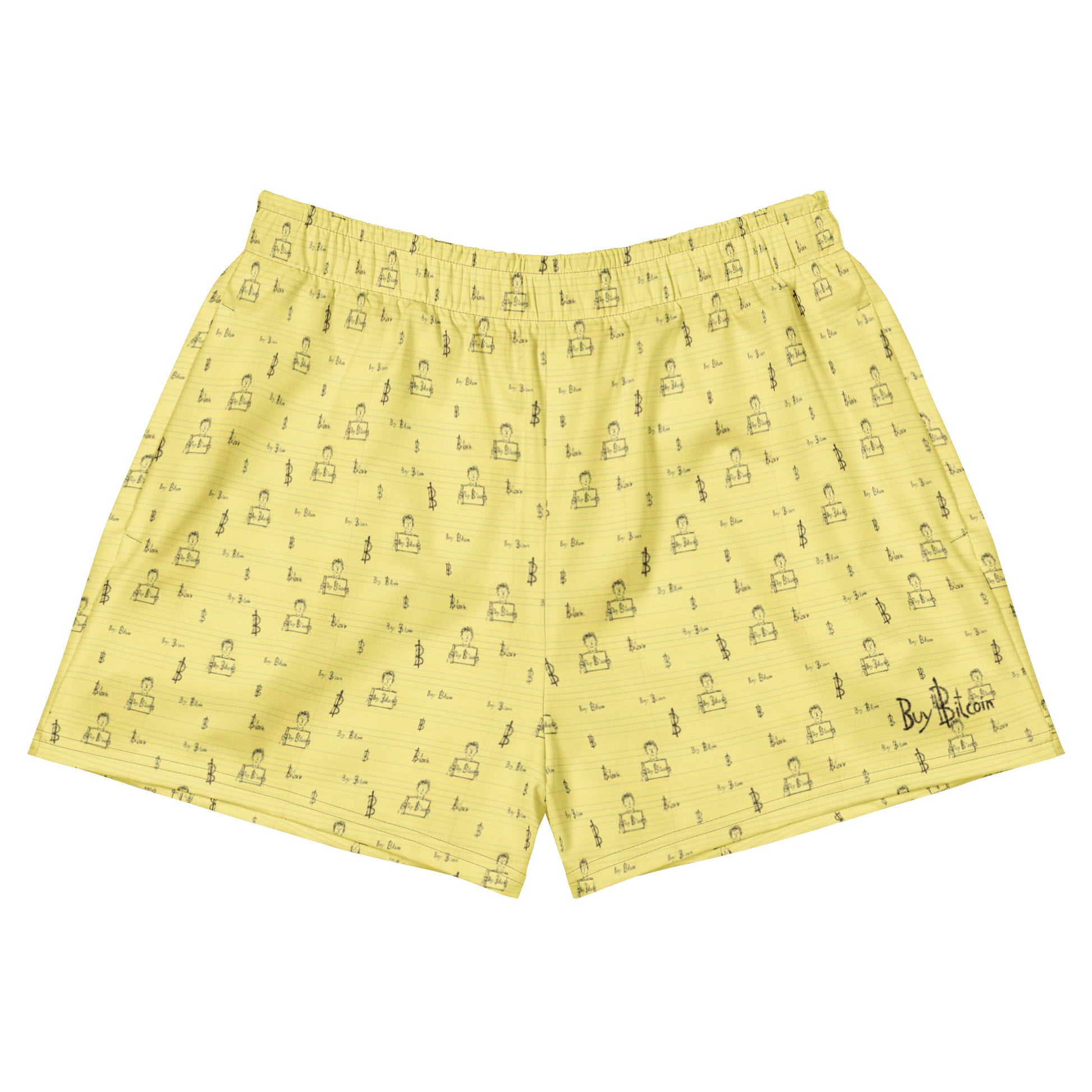 Yellow Bitcoin boxer shorts with a pattern on a white background