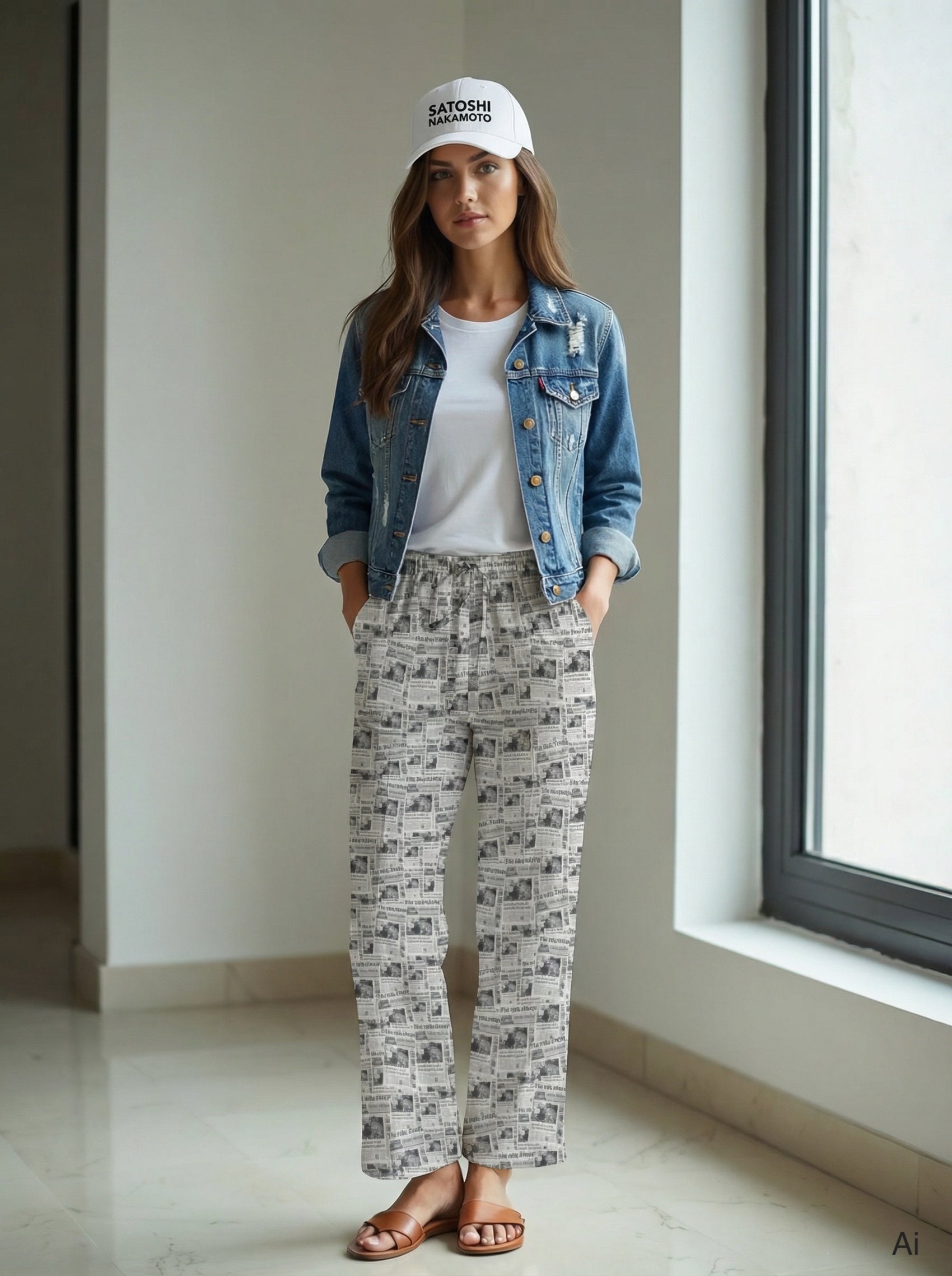 Woman wearing a denim jacket, white t-shirt, and bitcoin chancellor patterned pants by The Orange Habit at SVRN Society
