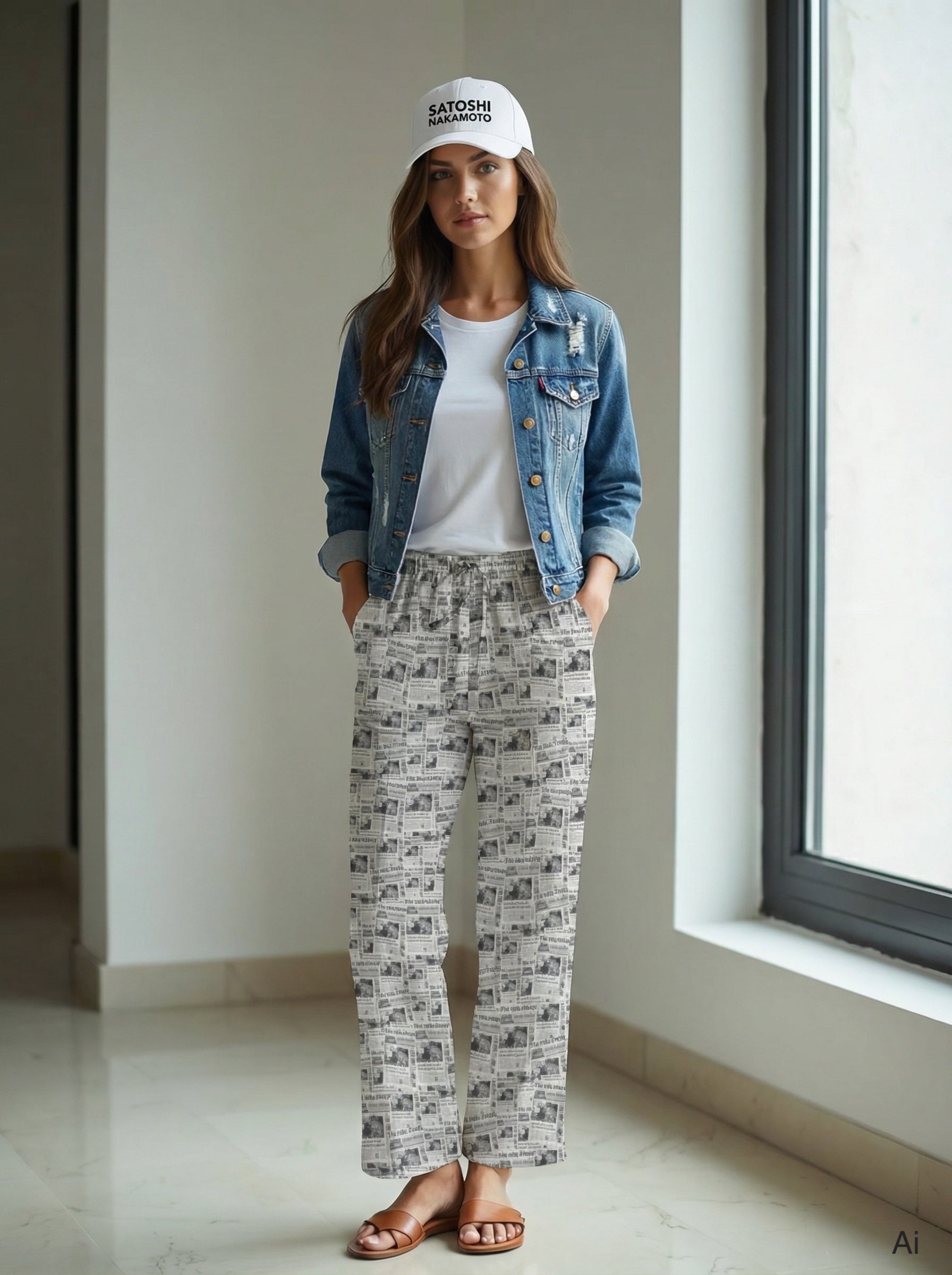 Woman wearing a denim jacket, white t-shirt, and bitcoin chancellor patterned pants by The Orange Habit at SVRN Society