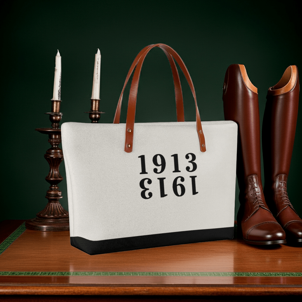 White tote bag from The Orange Habit with '1913' printed on it, placed on a wooden surface with riding boots.