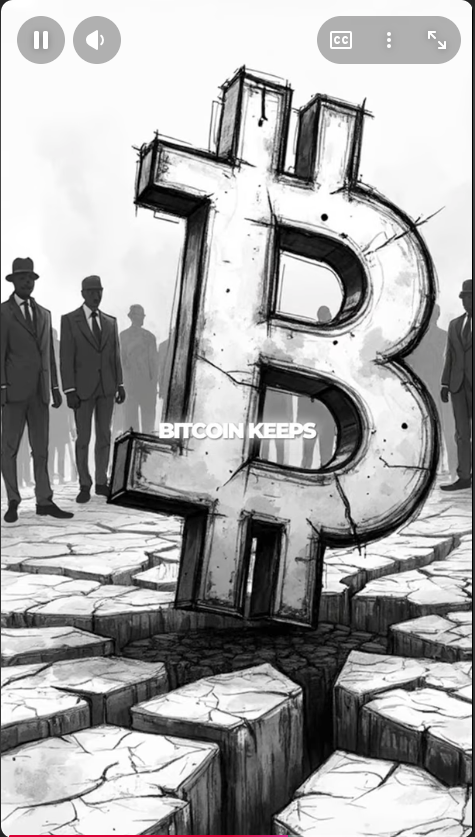 Black and white illustration of a Bitcoin symbol with people in suits and a cracked ground.