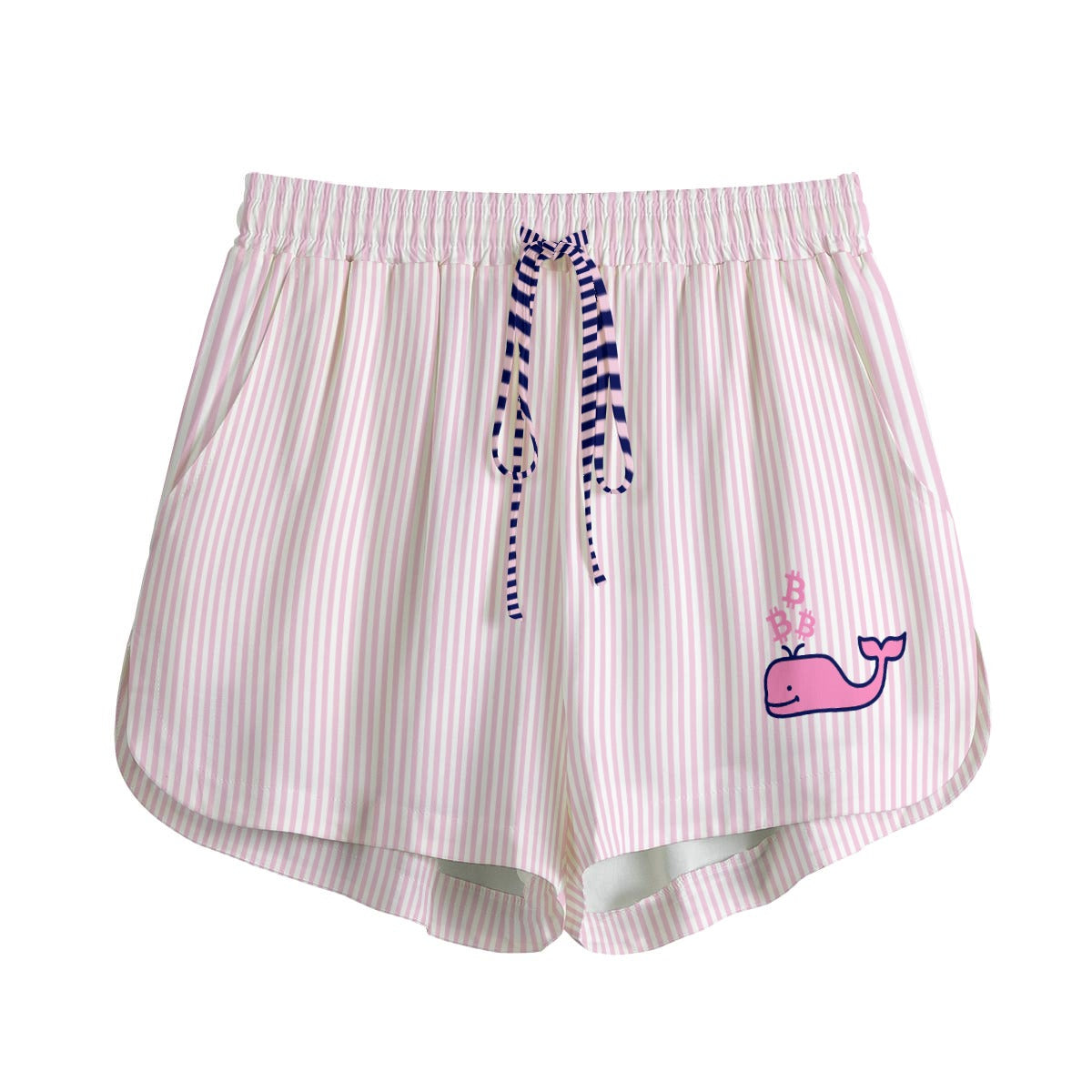 Bitcoin whale women's Bitcoin shorts in pink pinstripe pattern by The Orange Habit at SVRN Society