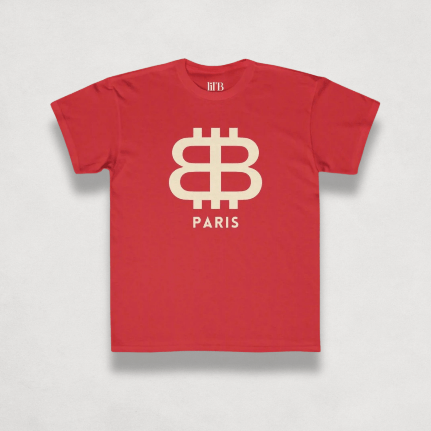 front view of the Bitcoin Paris red Kids Tee by lil'B