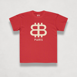 front view of the Bitcoin Paris red Kids Tee by lil'B