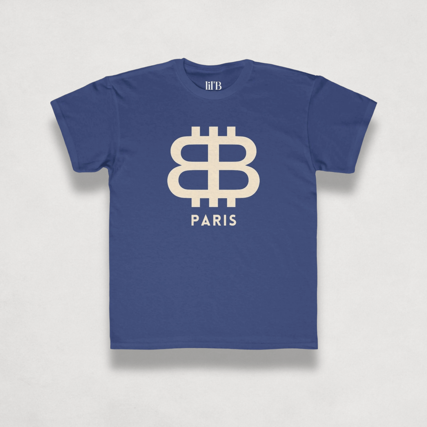 front view of the Bitcoin Paris Kids Tee in royal blue by lil'B