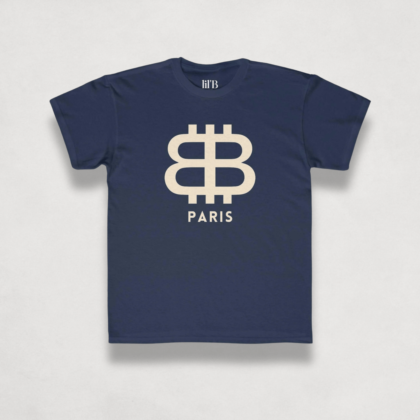 front view of the Bitcoin Paris Navy blue Kids Tee by lil'B | The Orange Habit