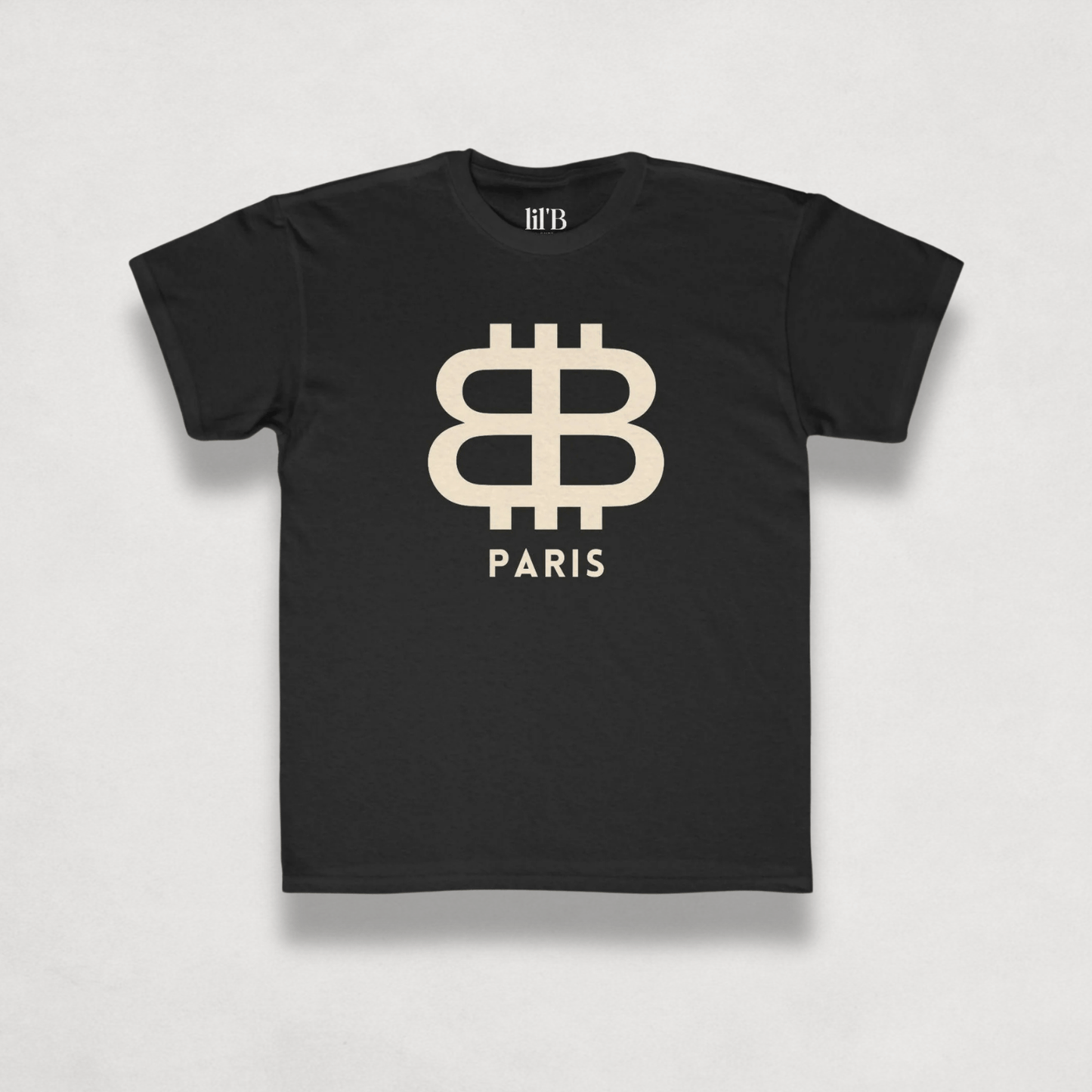 front view of the Bitcoin Paris Kids Tee in black by lil'B | The Orange Habit