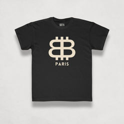 front view of the Bitcoin Paris Kids Tee in black by lil'B | The Orange Habit