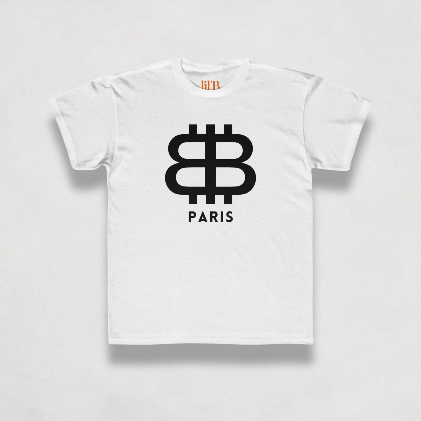 front view of the Bitcoin Paris Kids Tee in white by lil'B | The Orange Habit