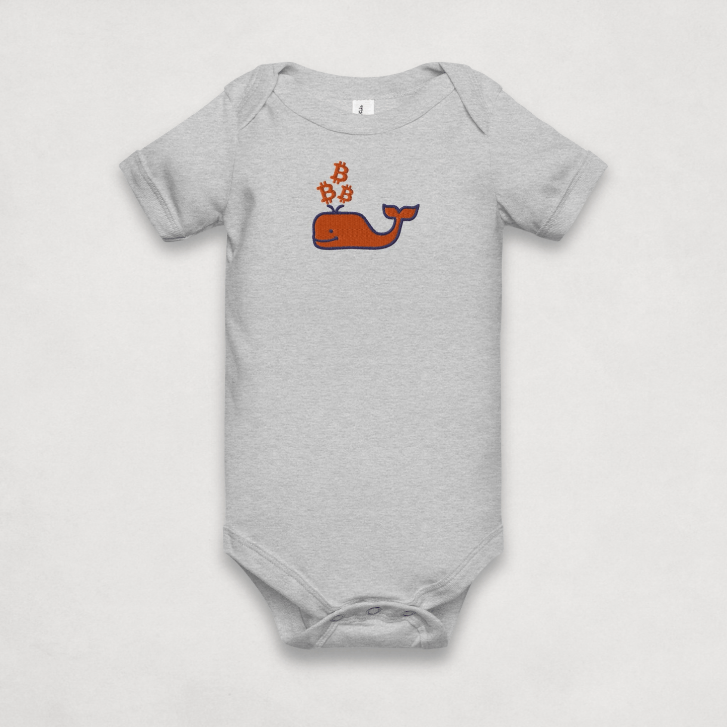 Heather Grey Bitcoin Onesie for Infants by the Bitcoin Whale Collection by lil'B