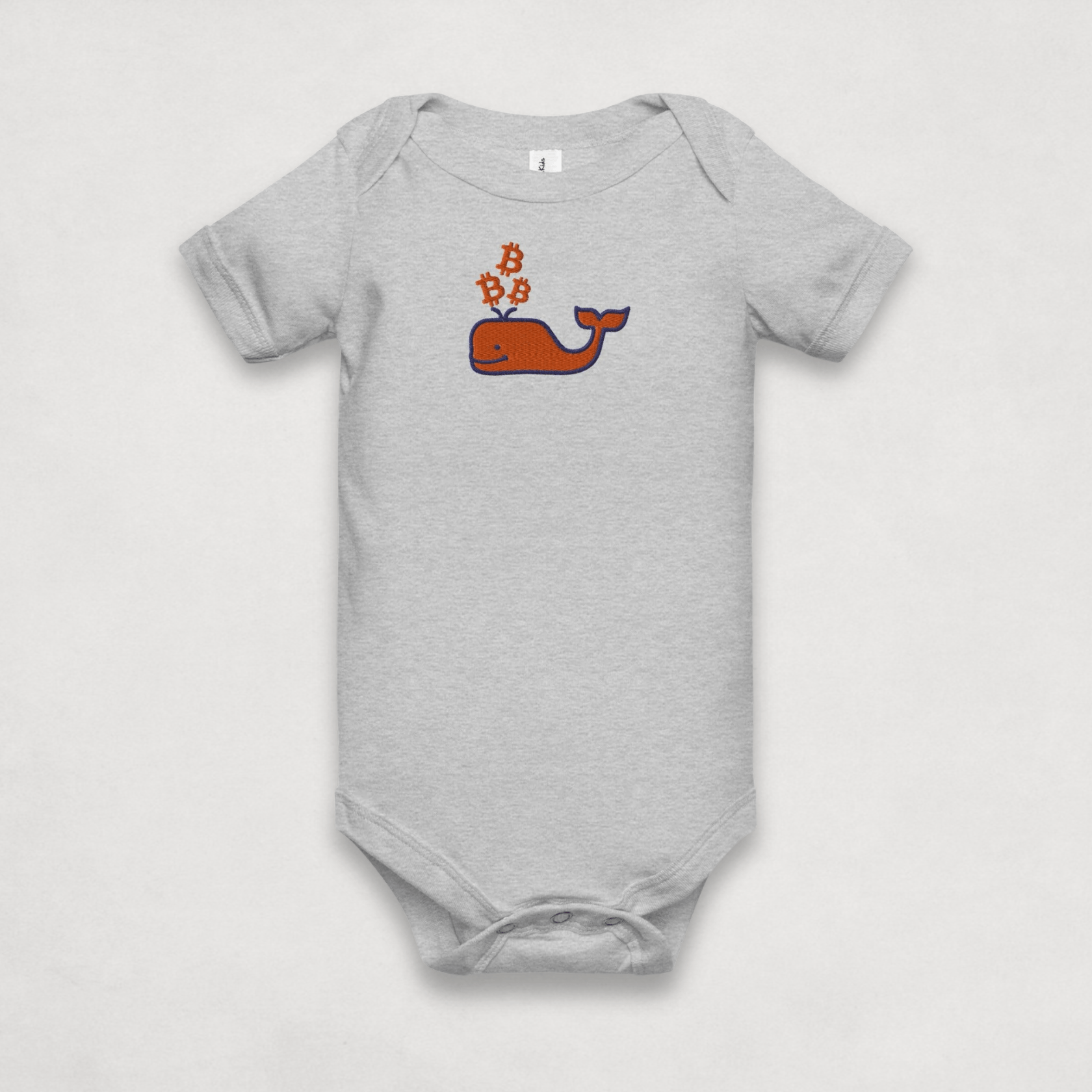 Heather Grey Bitcoin Onesie for Infants by the Bitcoin Whale Collection by lil'B
