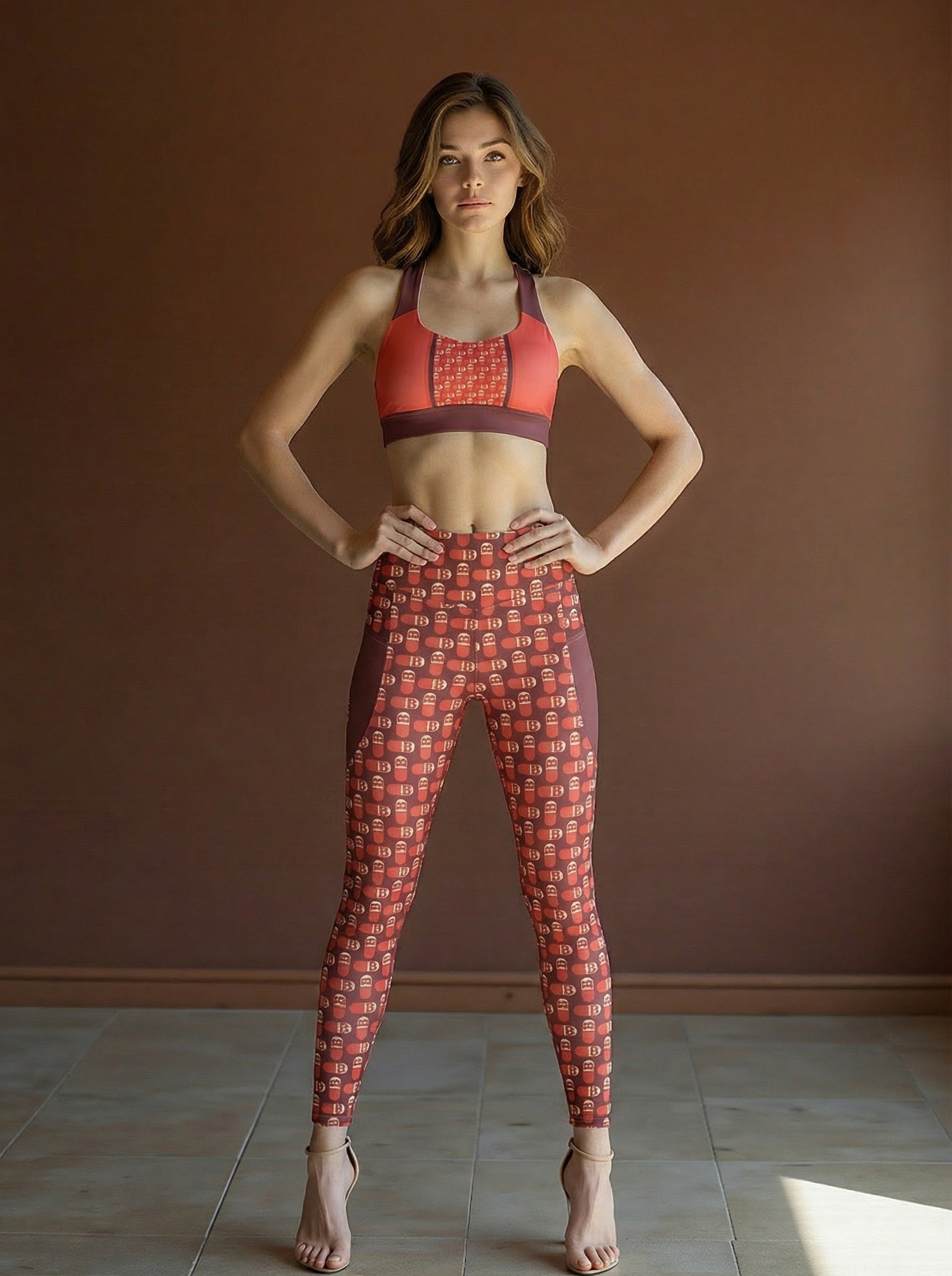 Woman wearing a red and purple patterned bitcoin sports bra and leggings against a brown wall. SVRN Society.