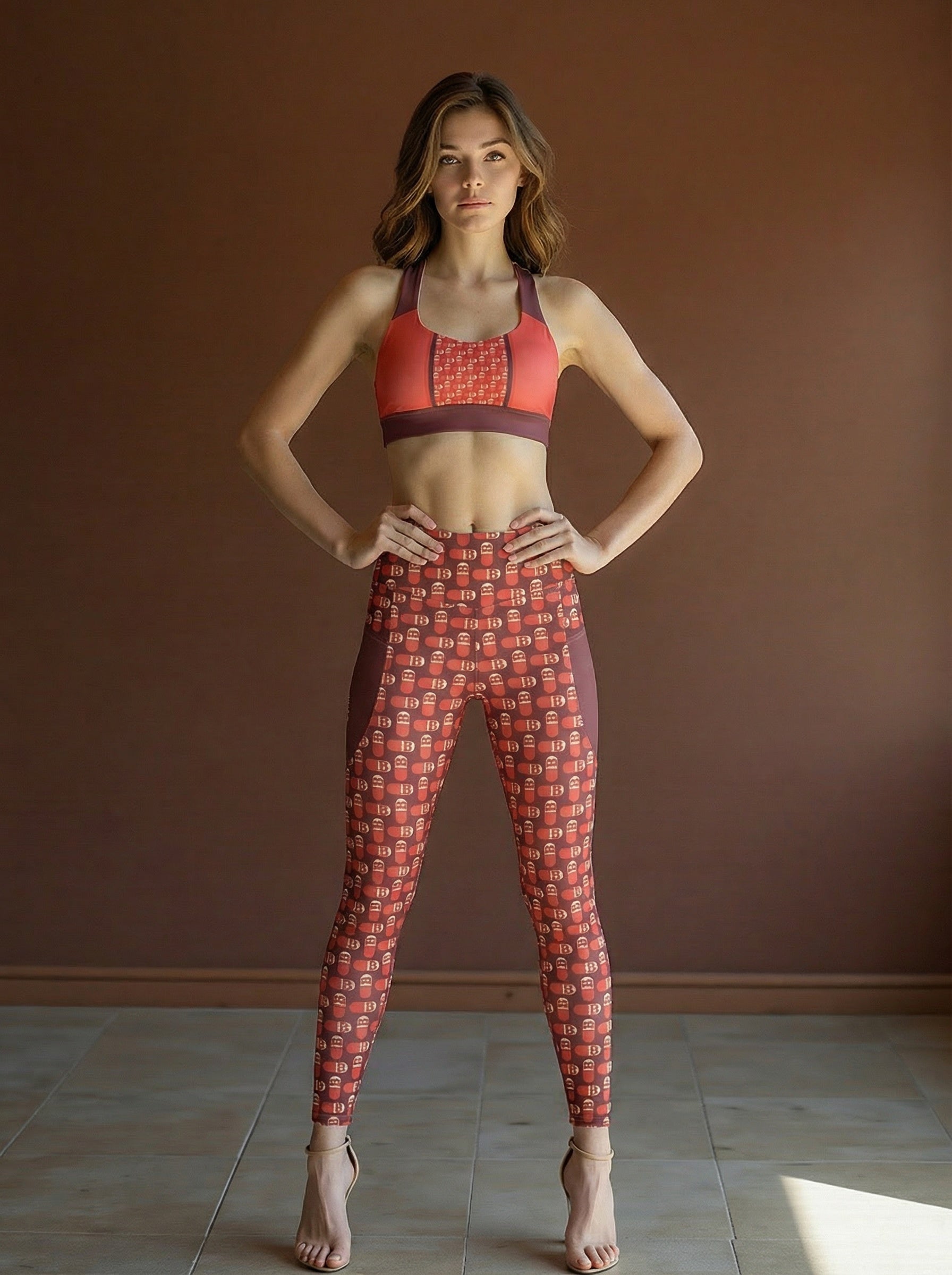 Woman wearing a red and purple patterned bitcoin sports bra and leggings against a brown wall. SVRN Society.