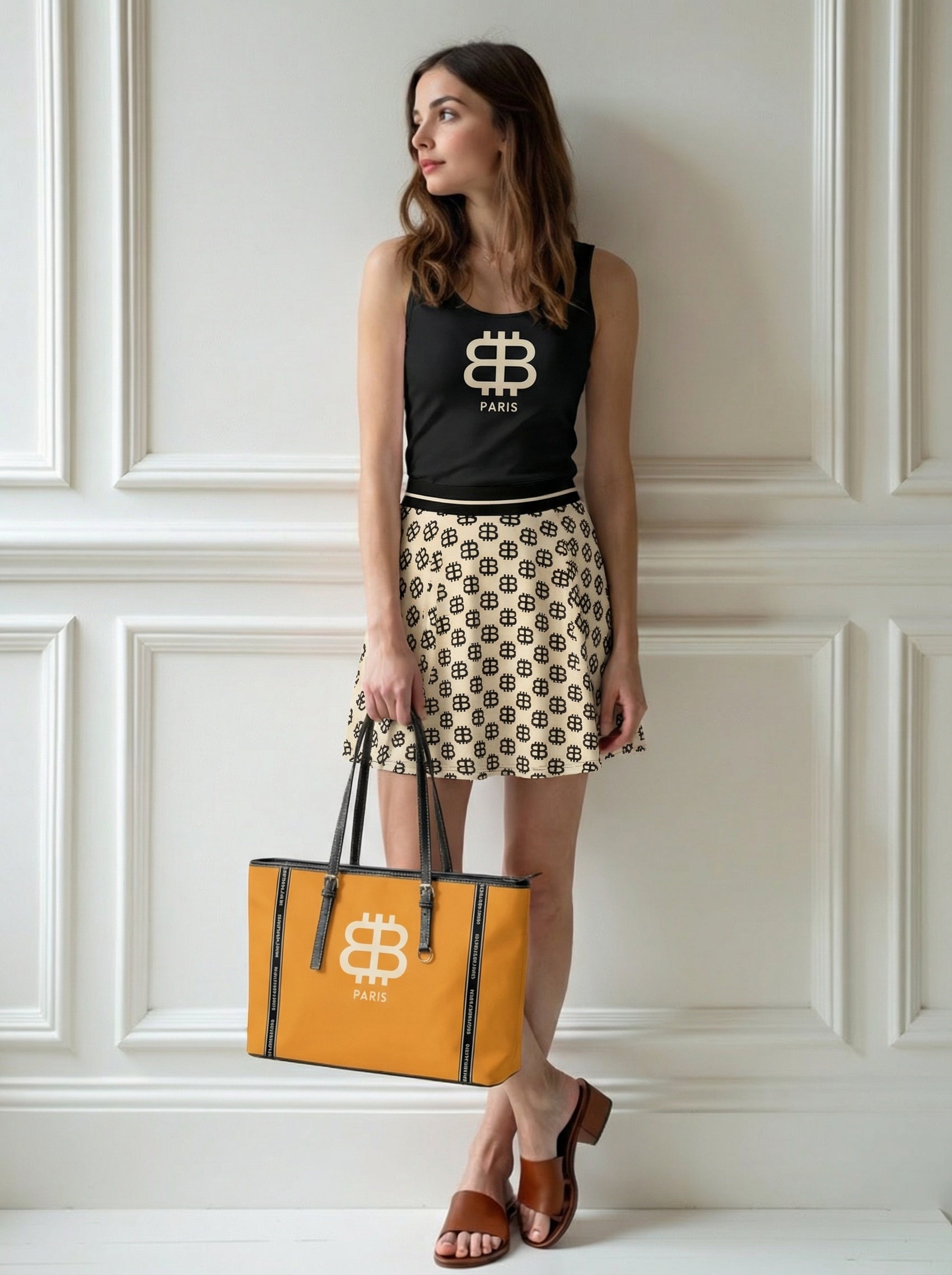 Woman holding an orange tote bag with a logo against a white paneled wall | SVRN Society