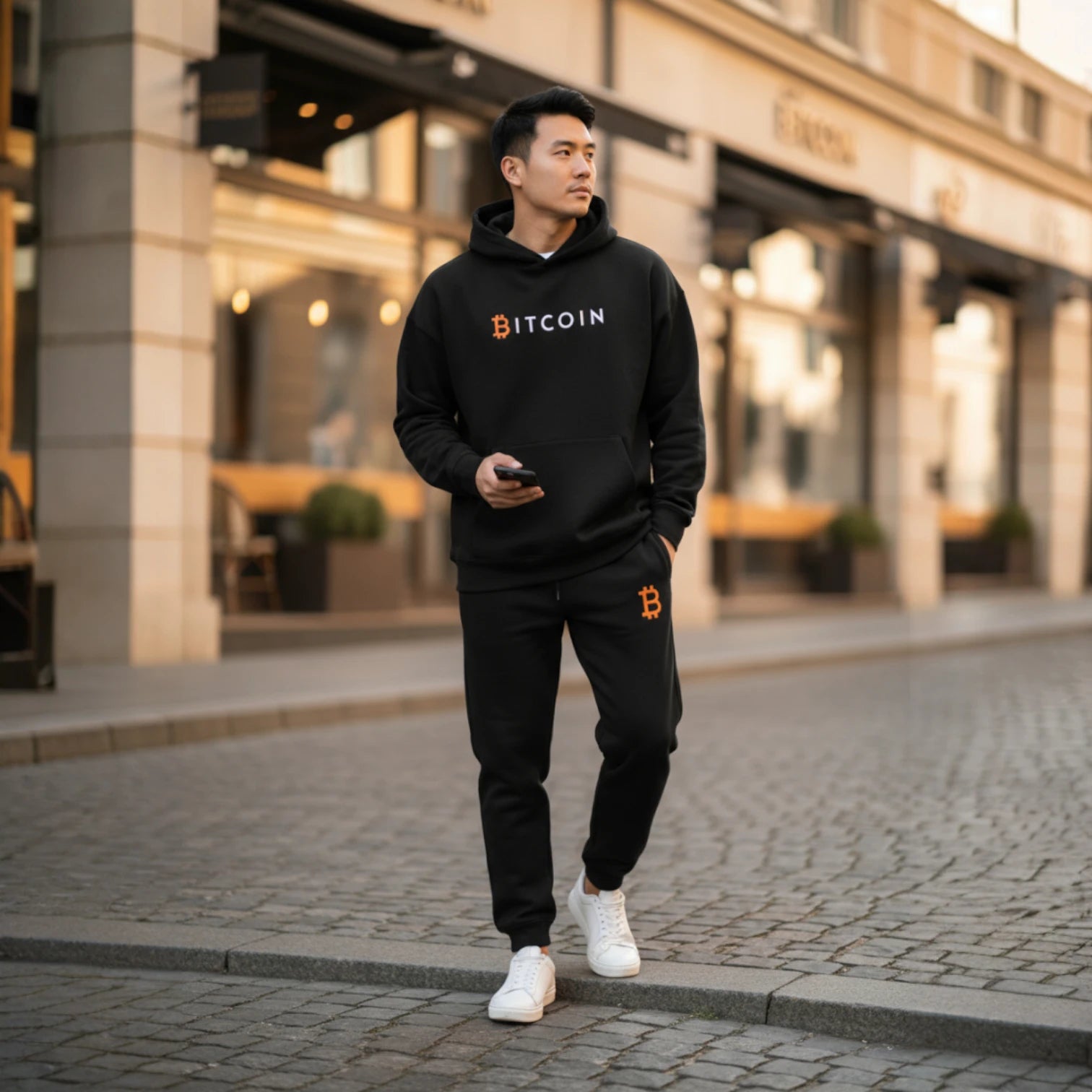 Man wearing a black hoodie from The Orange Habit with 'Bitcoin' branding, walking on a street.