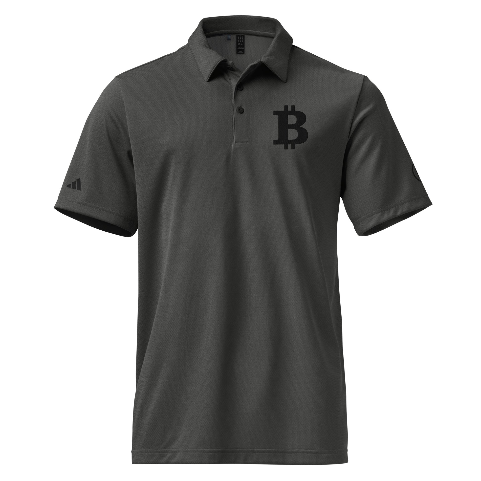 Gray Bitcoin polo shirt with a black bitcoin B on a white background