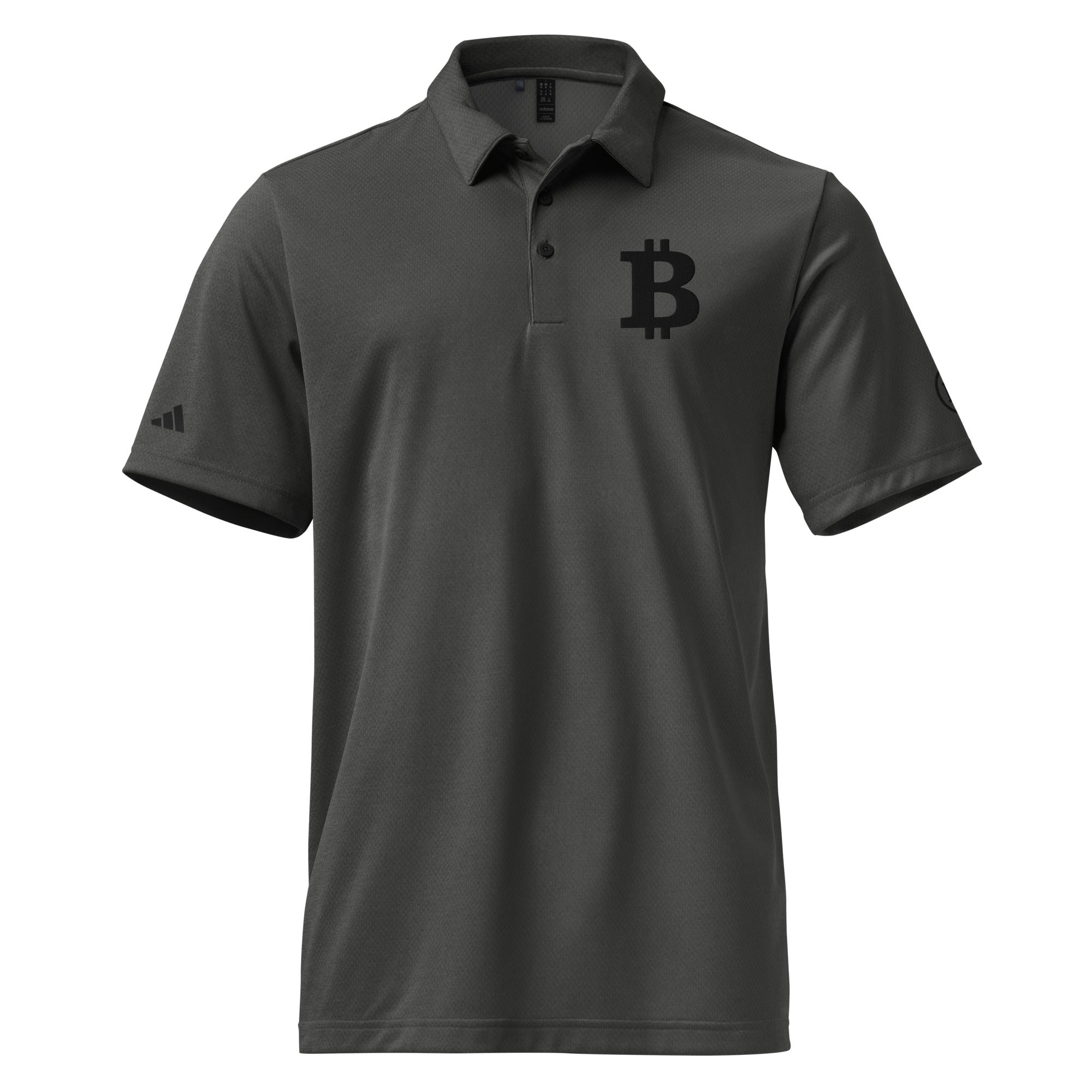 Gray Bitcoin polo shirt with a black bitcoin B on a white background