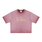 Pink Buy Bitcoin t-shirt with yellow logo on a white background