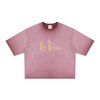 Pink Buy Bitcoin t-shirt with yellow logo on a white background