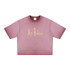Pink Buy Bitcoin t-shirt with yellow logo on a white background