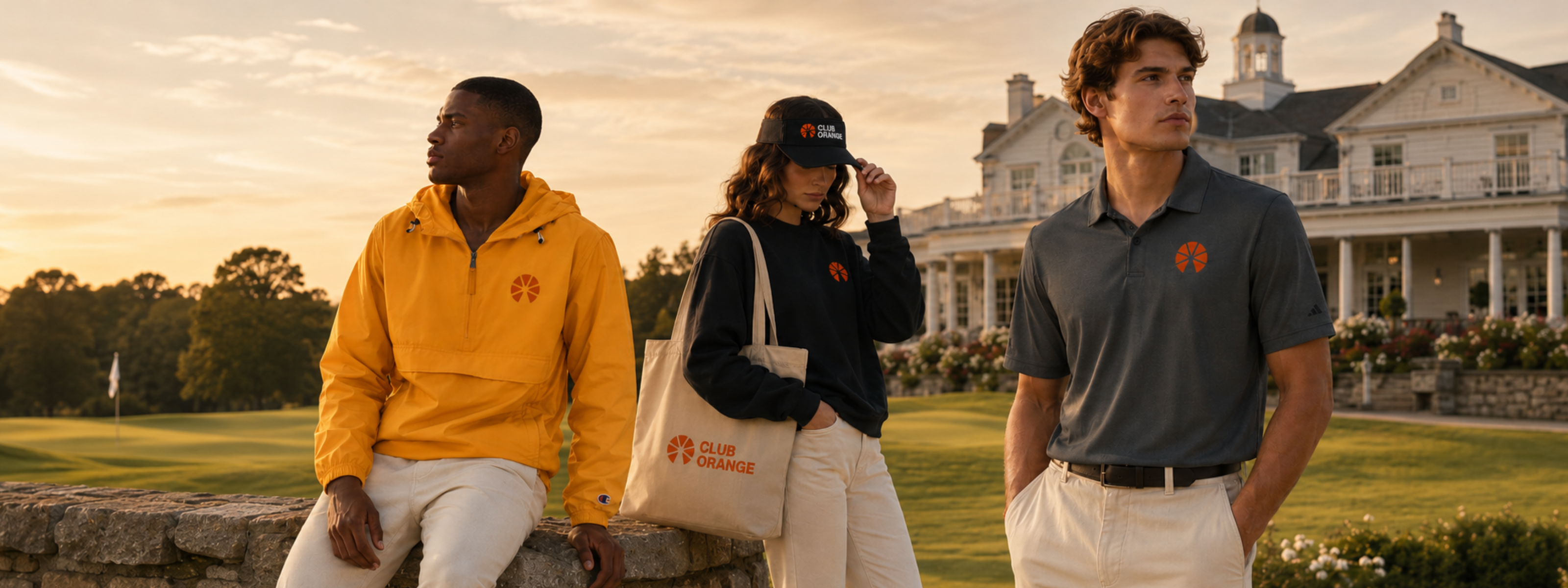 Three people standing outdoors wearing club orange apparel with a building and golf course in the background