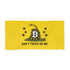 Bitcoin beach towel: A yellow Gadsden flag-style towel or mat featuring a coiled rattlesnake with a Bitcoin symbol in the center, surrounded by five black stars and the text &