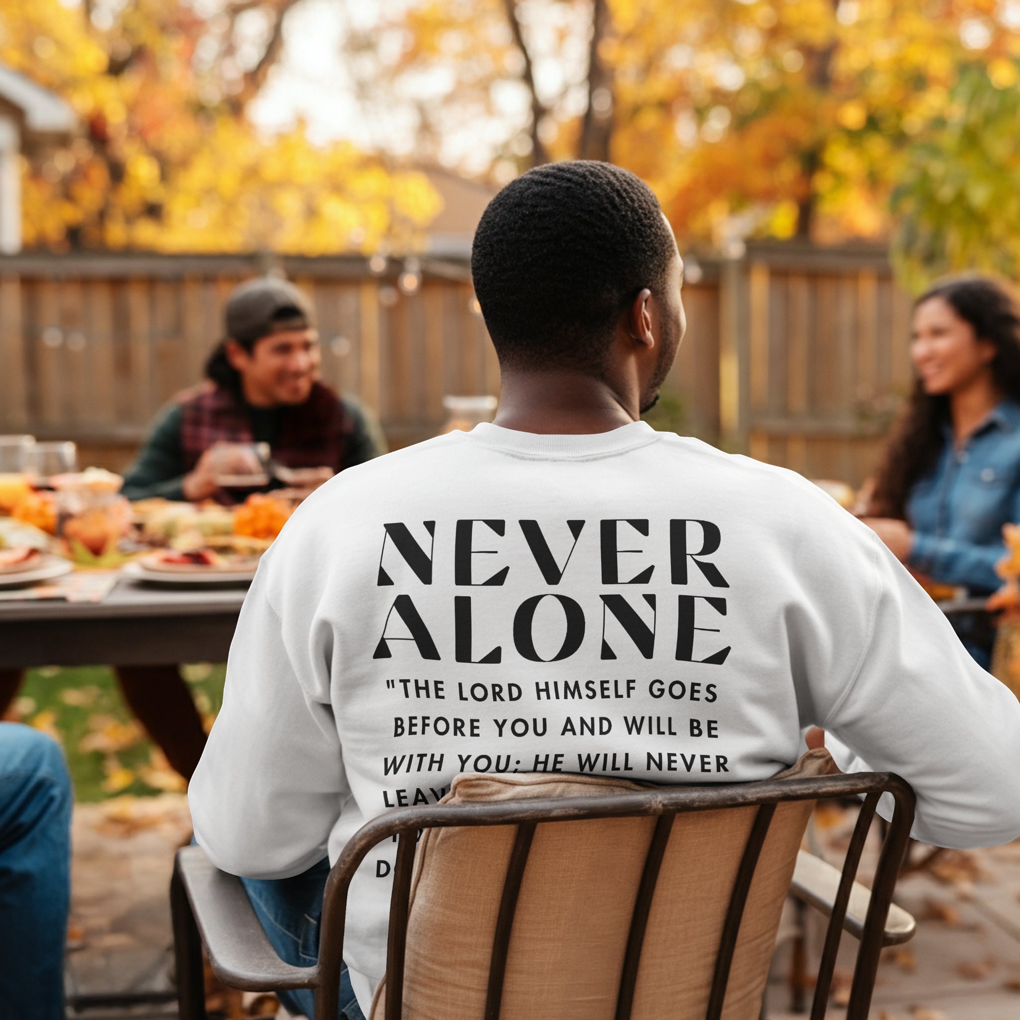 Man wearing a sweatshirt with 'Never Alone' text at a fall outdoor gathering.