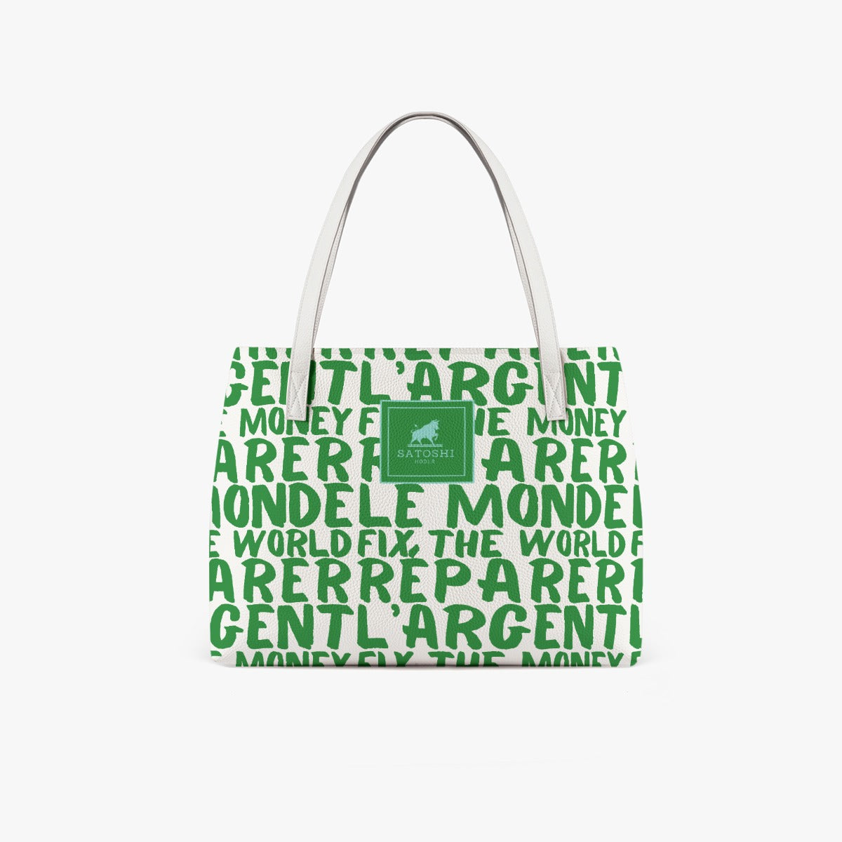 Green fix the money Bitcoin tote bag with text and a logo on a white background