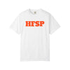 White t-shirt by SVRNT with 'HFSP' printed in orange - The Orange Habit