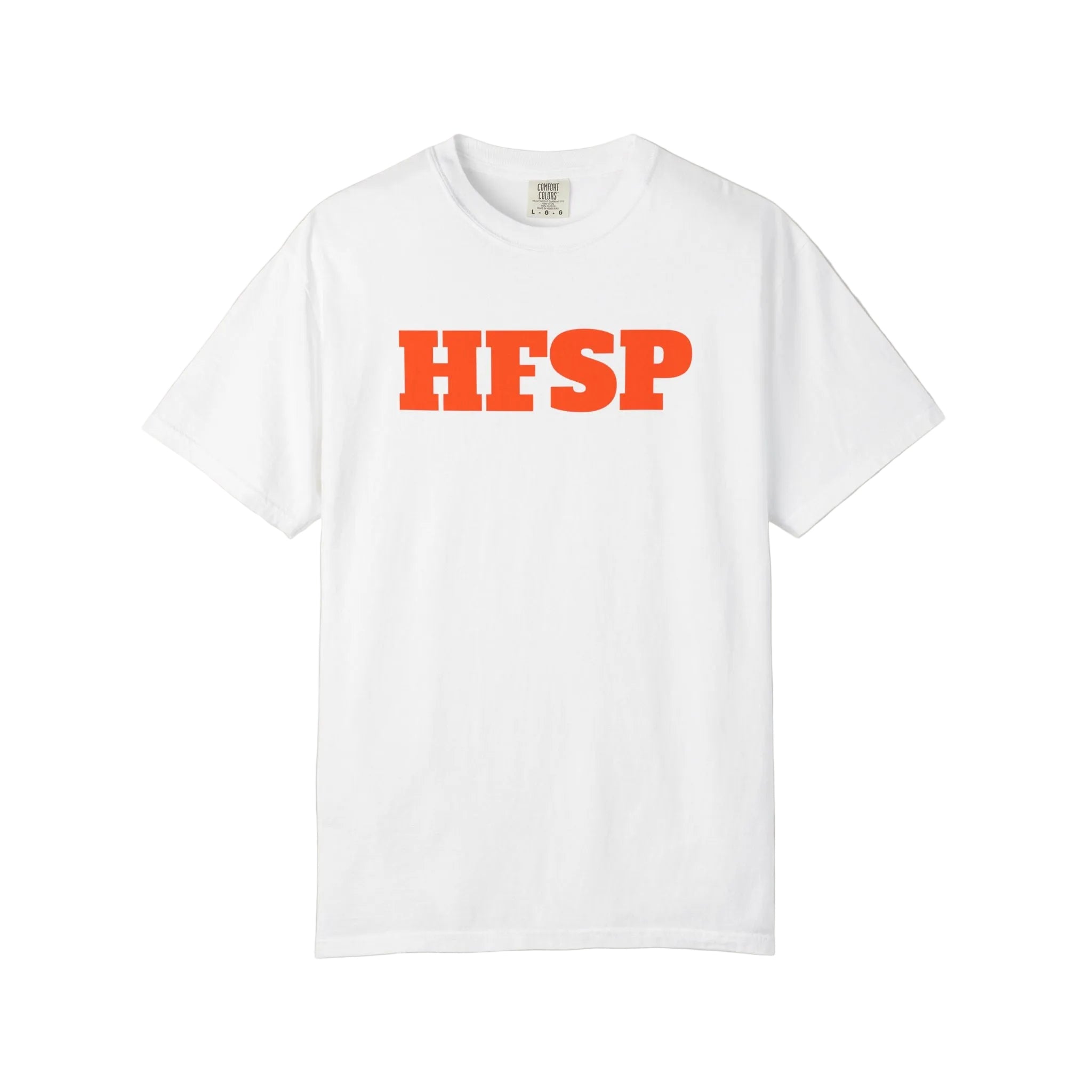 White t-shirt by SVRNT with 'HFSP' printed in orange - The Orange Habit