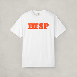 White t-shirt by SVRNT with 'HFSP' printed in orange on a light gray background | The Orange Habit