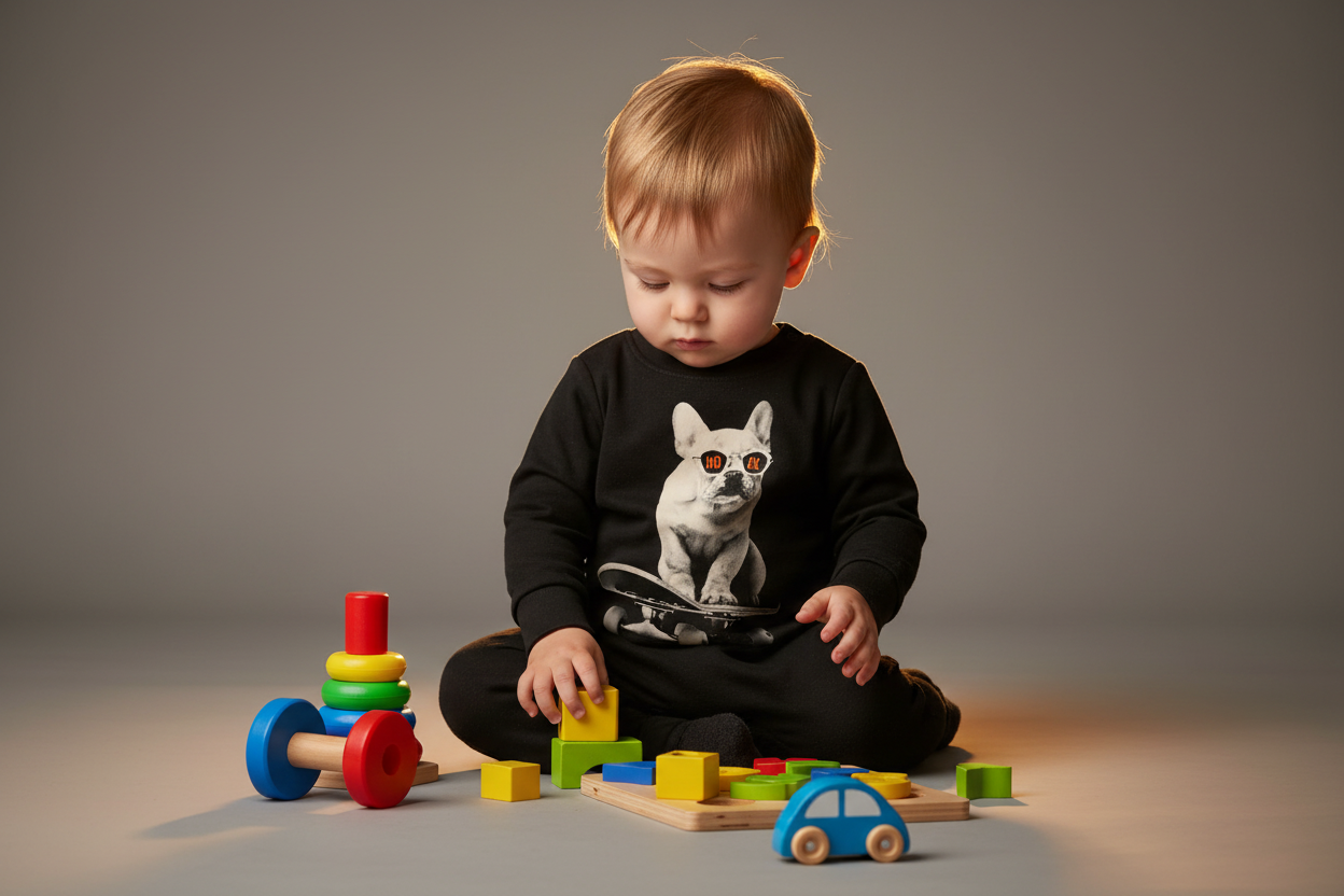 Child playing with colorful toys on a gray background