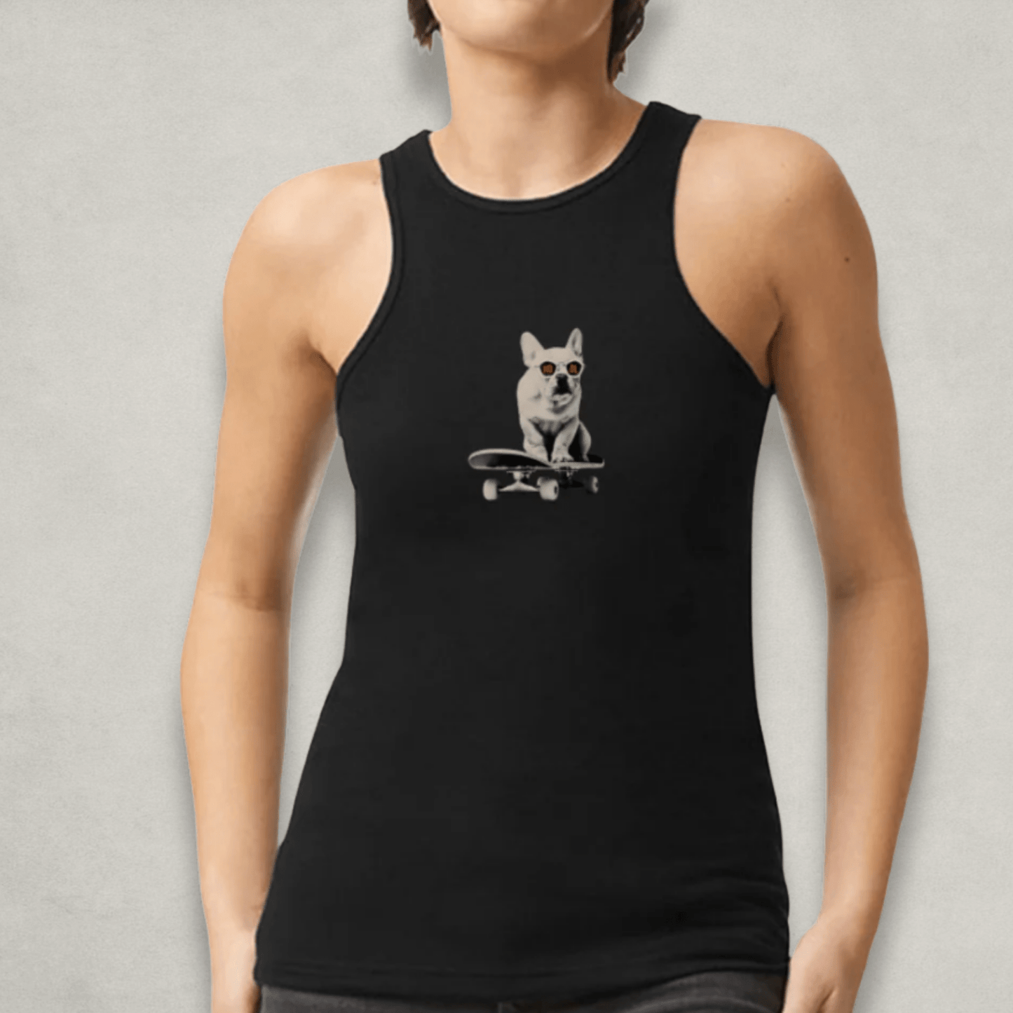 Woman wearing the HODL Dog Black Racerback Tank Top by Nikki Nakamoto Front view