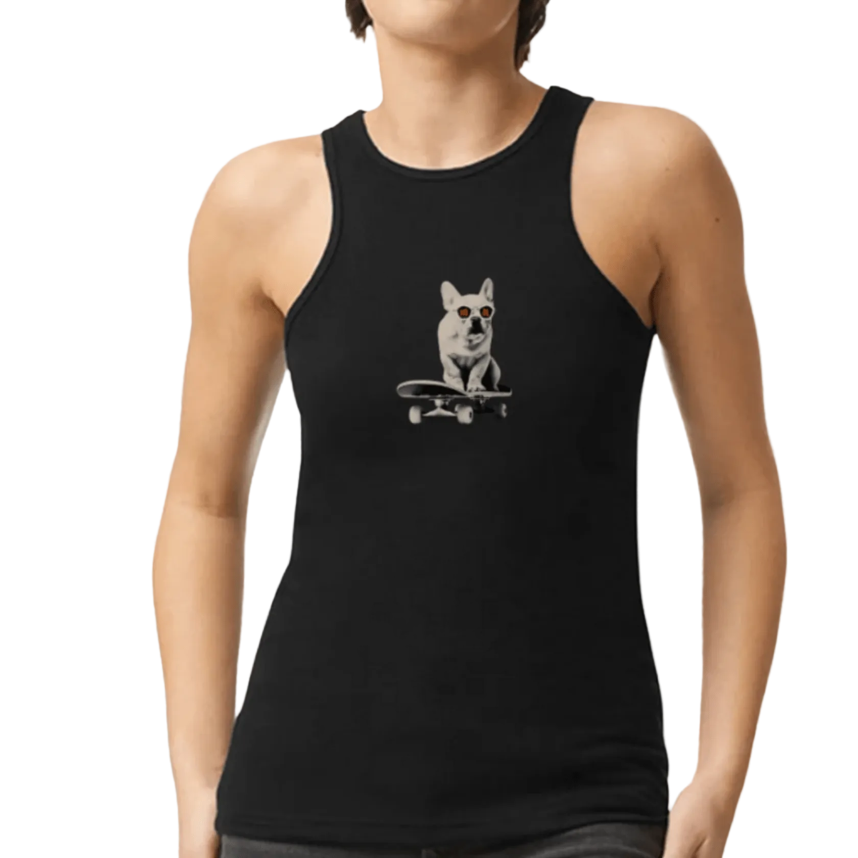 Woman wearing the HODL Dog Black Racerback Tank Top by Nikki Nakamoto Front view