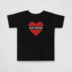 I heart satoshi black toddler bitcoin t-shirt with a red heart and white satoshi lettering by lil'B