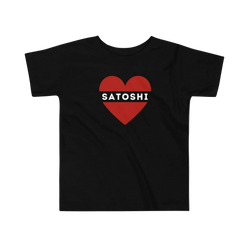I heart satoshi black toddler bitcoin t-shirt with a red heart and white satoshi lettering by lil&