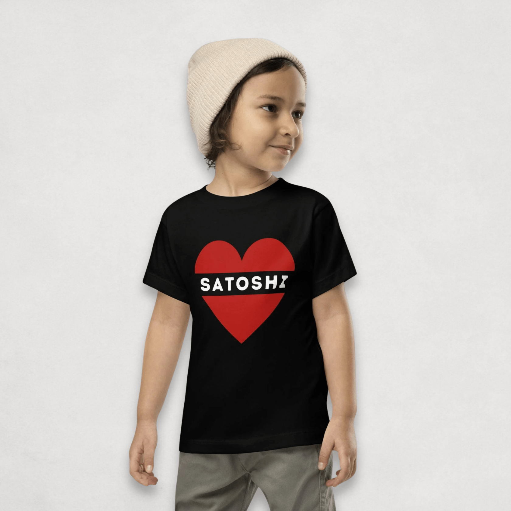 toddler boy wearing the I heart satoshi toddler bitcoin t-shirt by lil'B