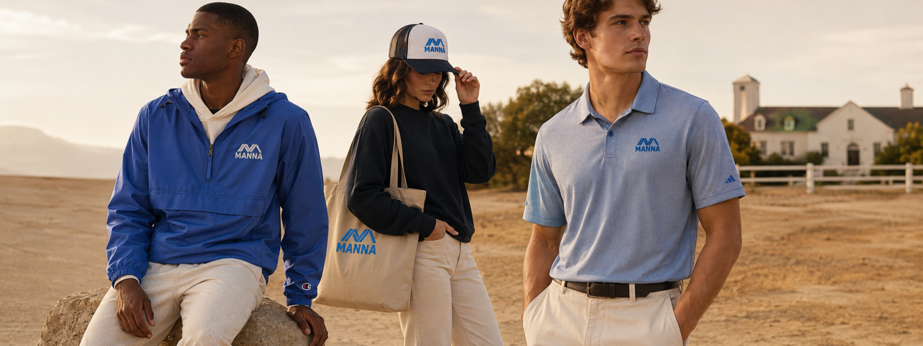 Three people wearing branded clothing in an outdoor setting with a house in the background.