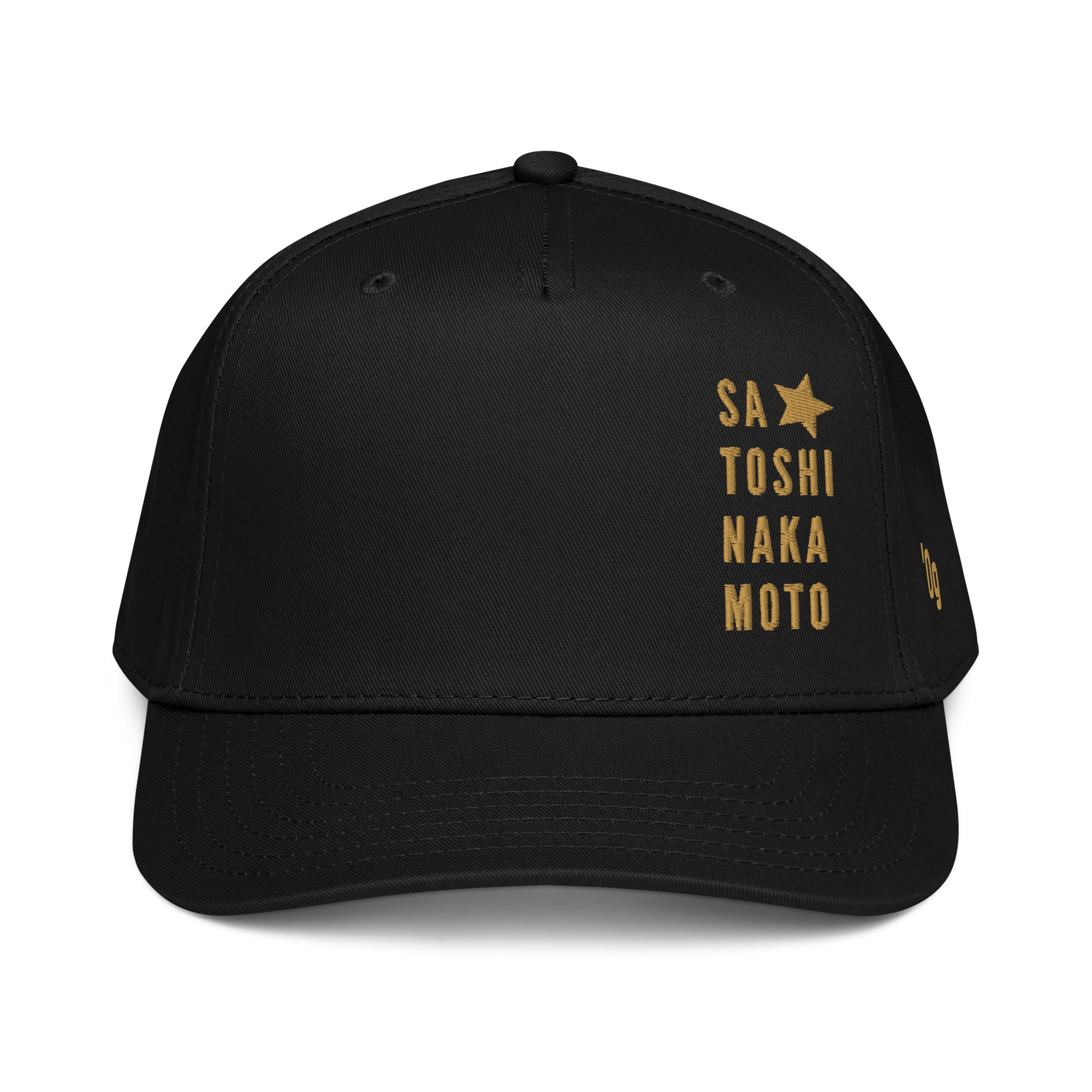 Satoshi Nakamoto Black Bitcoin Hat with gold text and star design on a white background