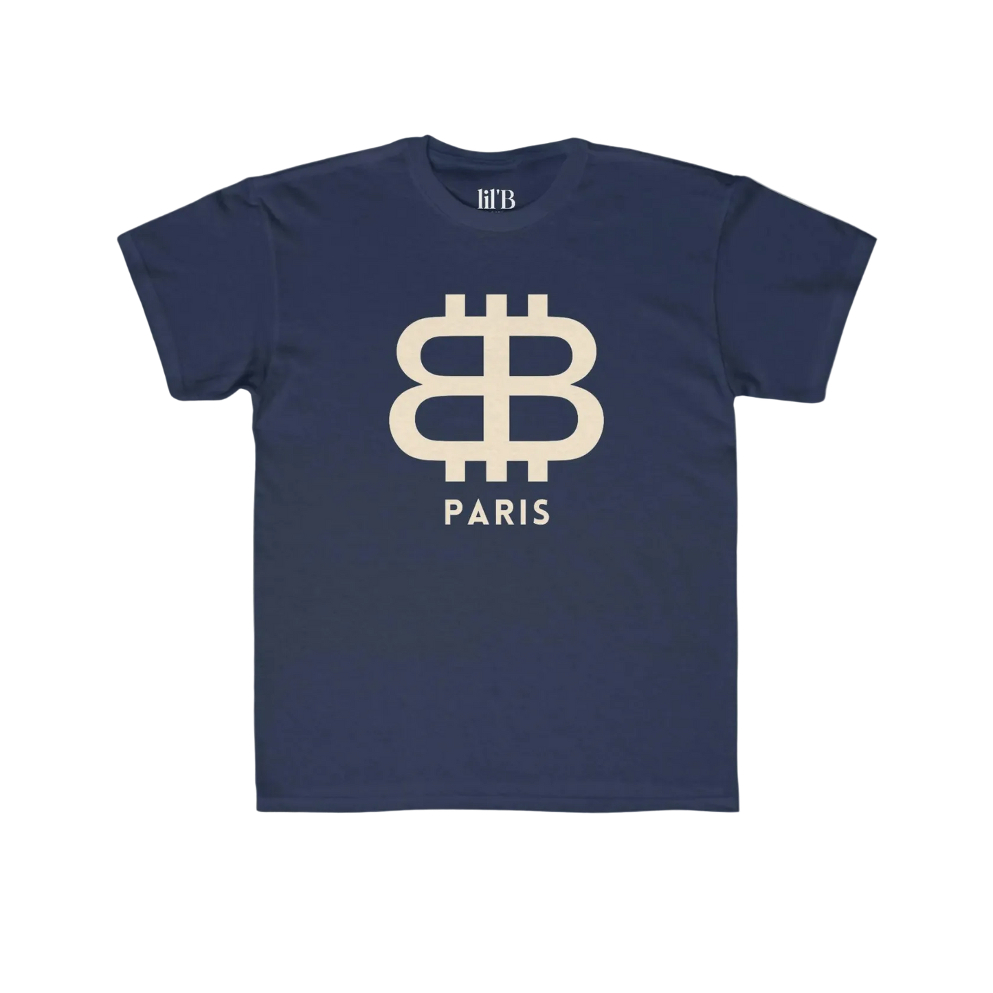 front view of the Bitcoin Paris Navy blue Kids Tee by lil'B 