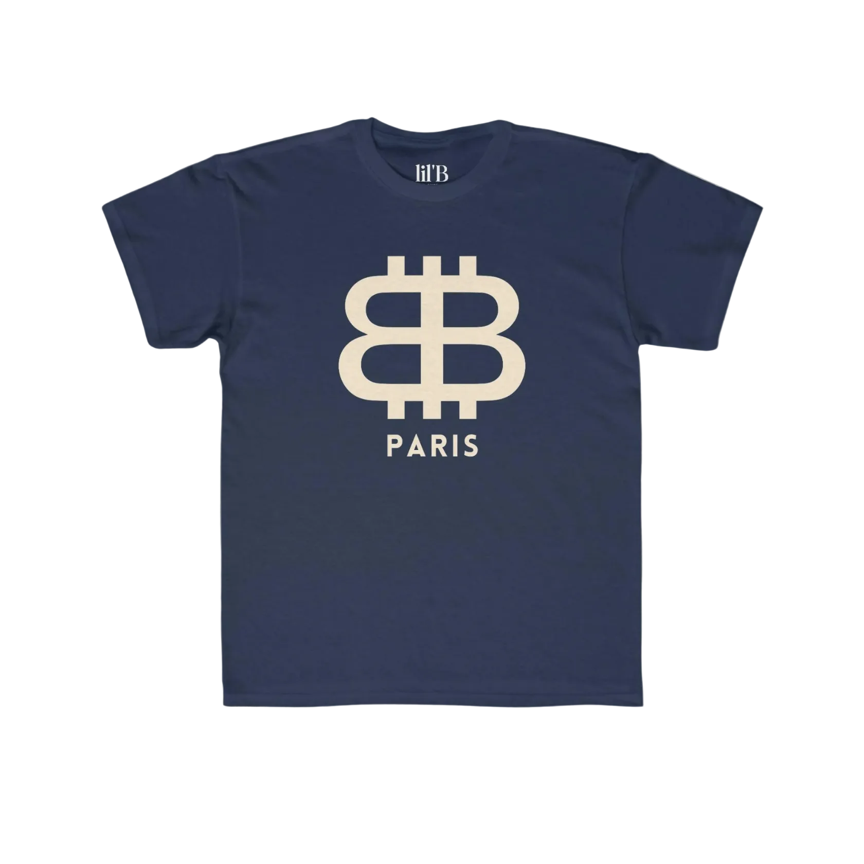 front view of the Bitcoin Paris Navy blue Kids Tee by lil'B 