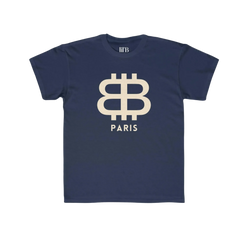 front view of the Bitcoin Paris Navy blue Kids Tee by lil'B 