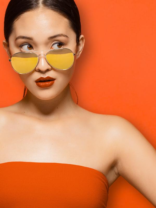 Nikki Nakamoto Women's Bitcoin Clothing mobile image - Woman wearing yellow sunglasses