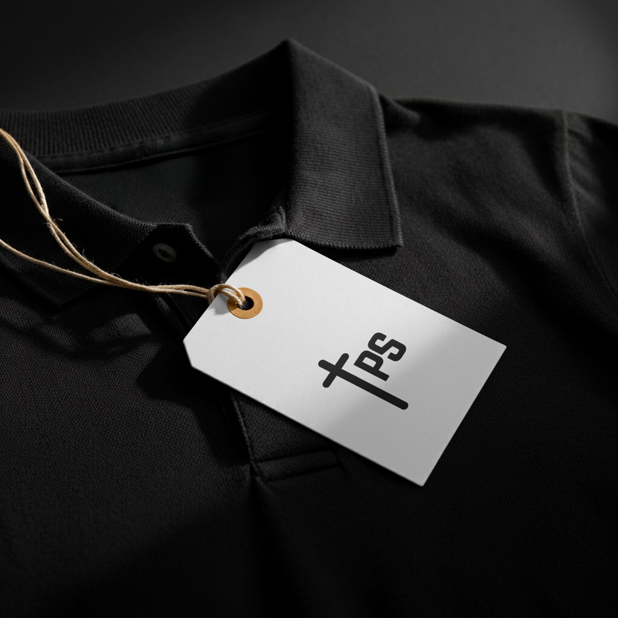 Praise Society Christian and faith apparel clothing tag on a black polo shirt at SVRN Society.