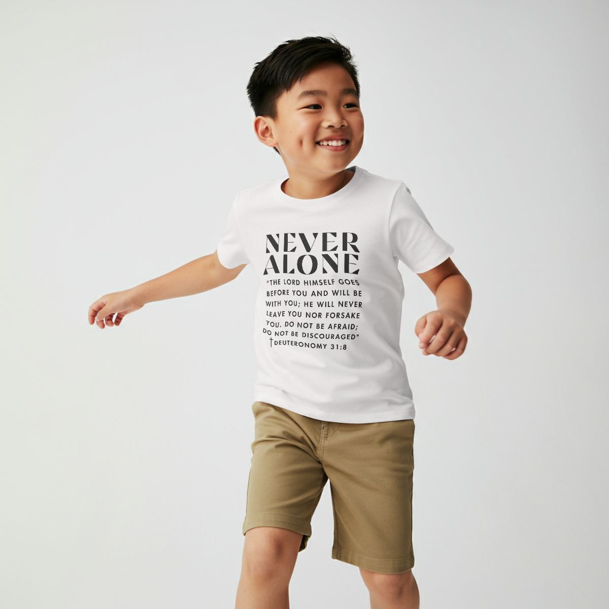 Child wearing a white never alone t-shirt from praise society with text on a plain background at SVRN Society
